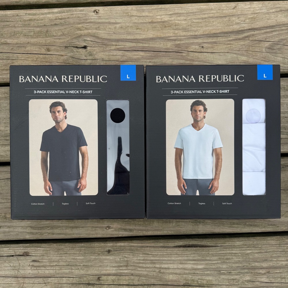 Banana Republic Mens L 3-Pack V-Neck T-Shirt Black White Tagless Cotton Stretch